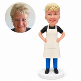 custom bobblehead figure woman in a T-shirt and apron with both hands on her hips