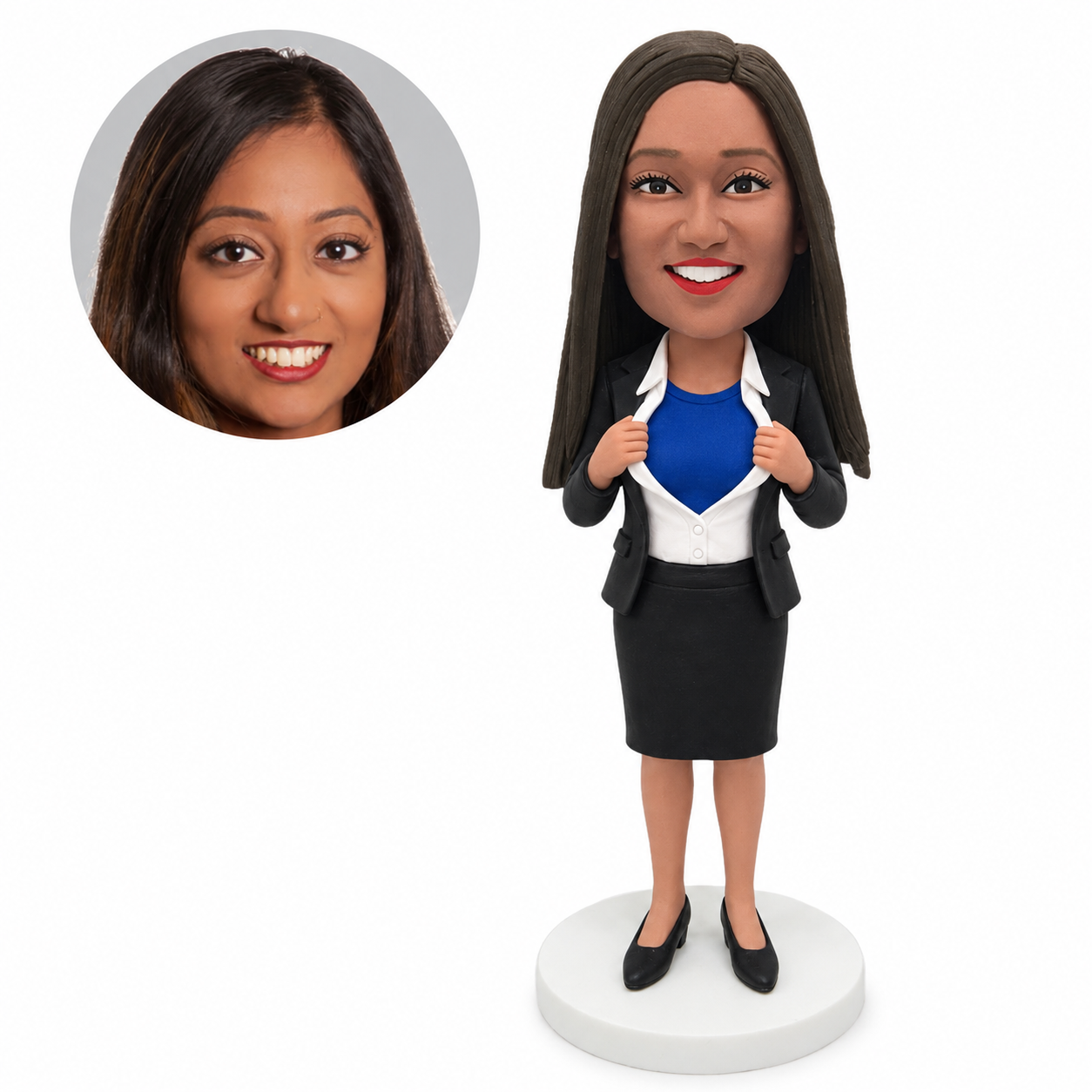 custom bobblehead figure businesswoman pulling open her shirt in a skirt suit