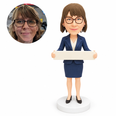 custom bobblehead figure businesswoman in a skirt suit holding a blank sign