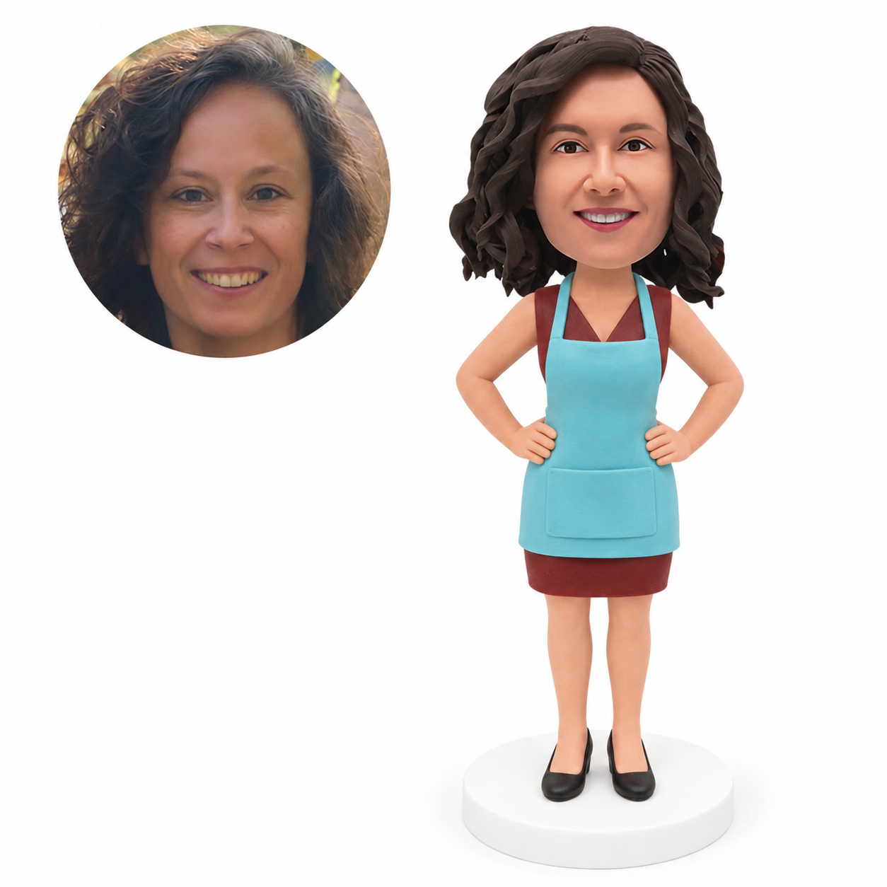 custom bobblehead figure woman in a sleeveless dress and apron with both hands on her hips
