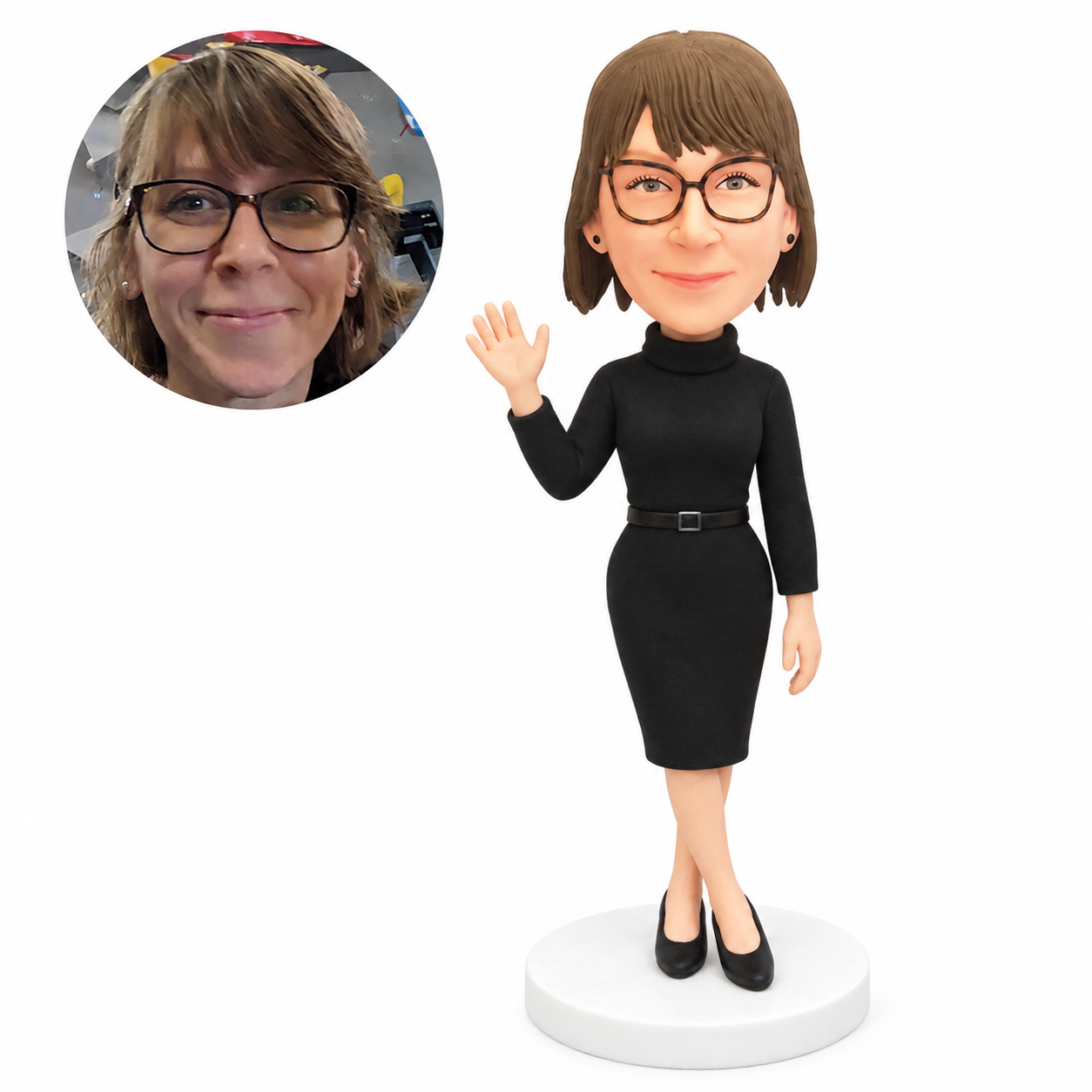 custom bobblehead figure woman in a turtleneck and pencil skirt waving