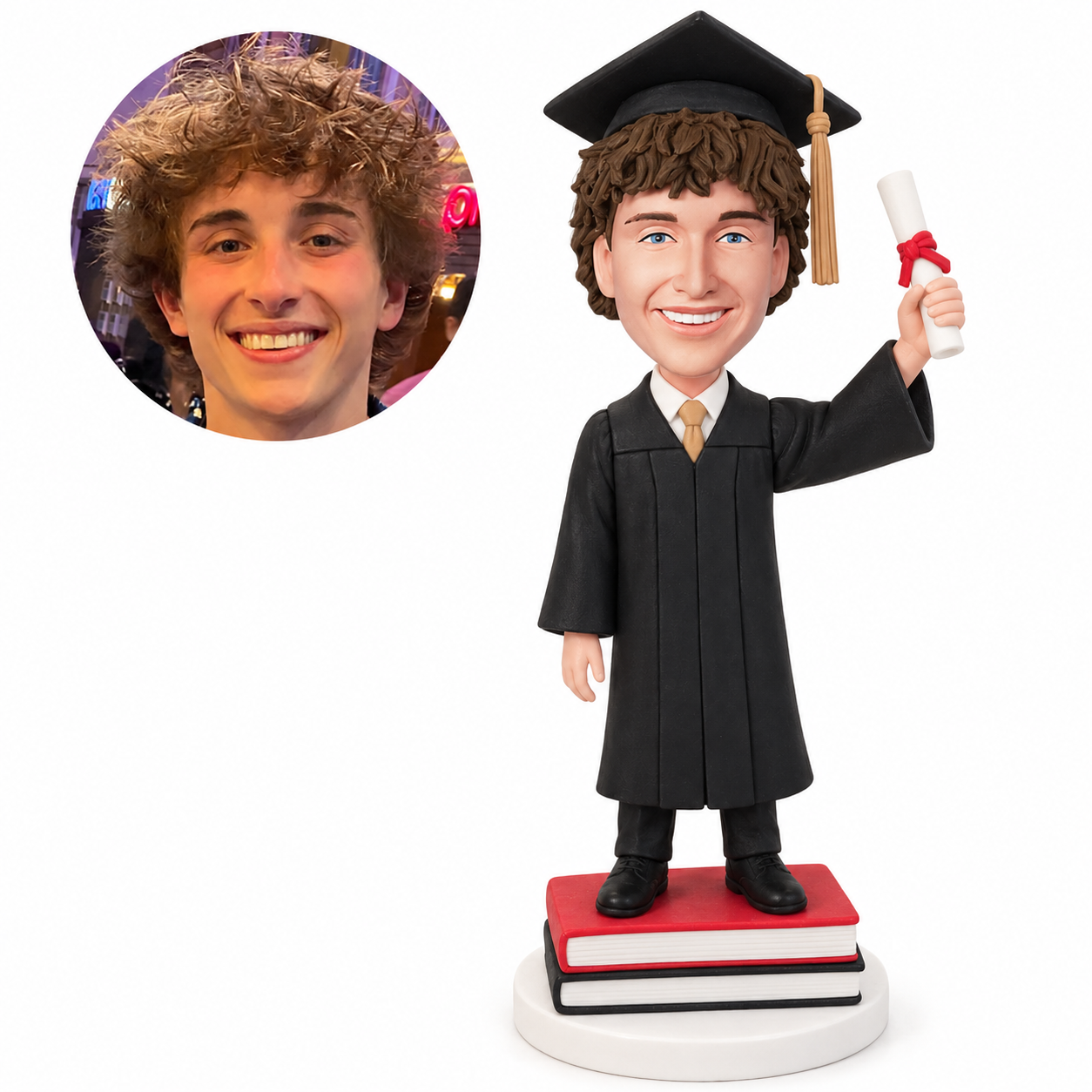 custom bobblehead figure male graduate standing on stacked books and raising a rolled diploma
