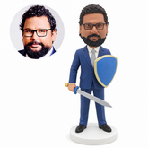 custom bobblehead figure man in a business suit holding a sword and shield