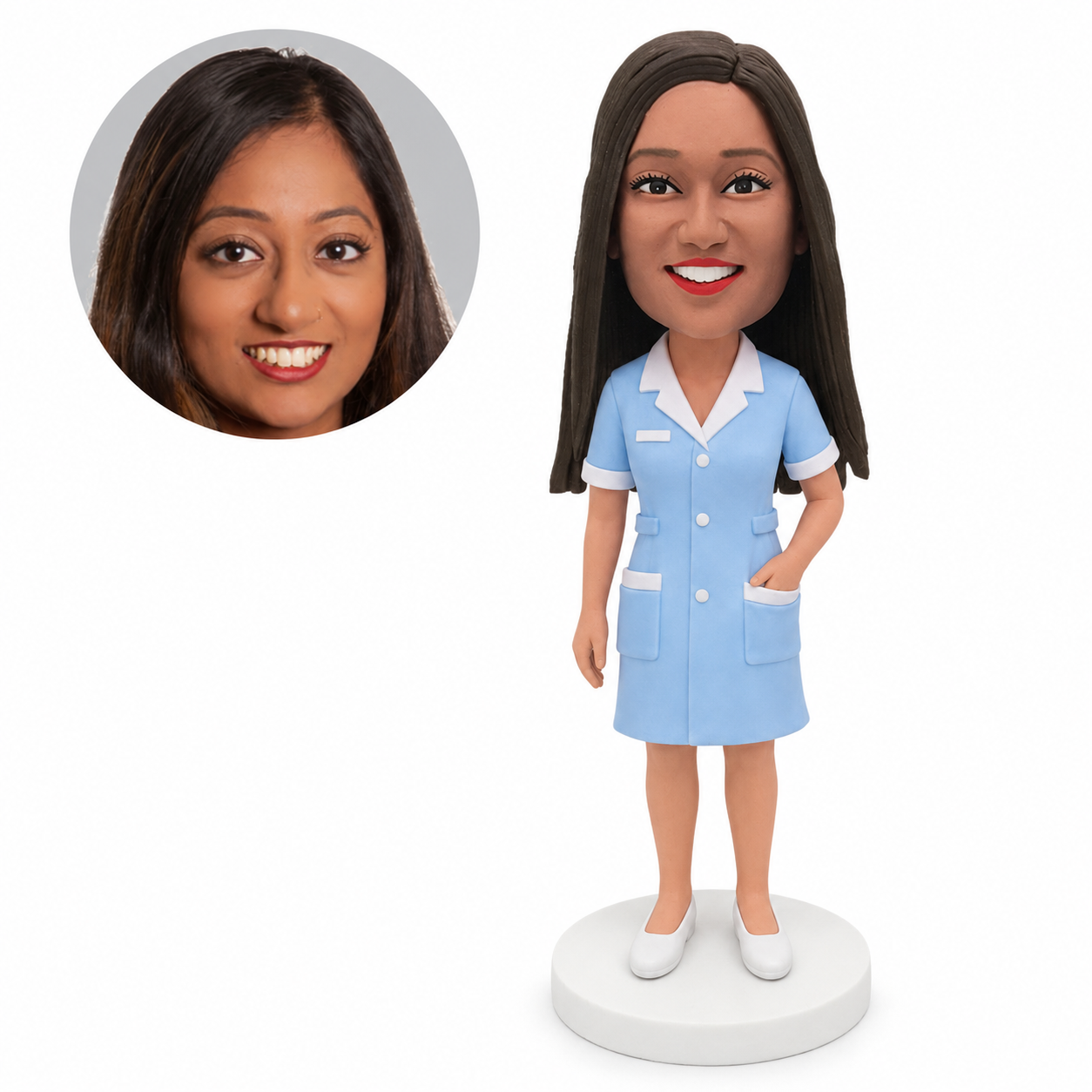custom bobblehead figure female nurse in a button-front dress with one hand in her pocket