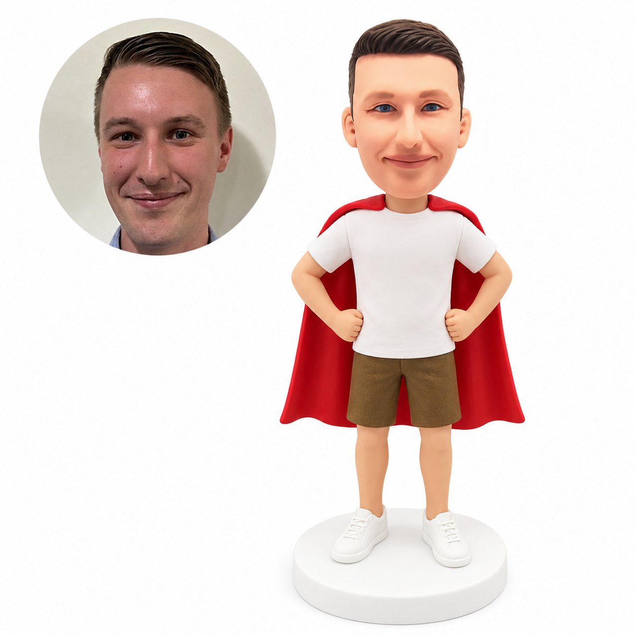 custom bobblehead figure man in a T-shirt and shorts with a cape and both hands on his hips