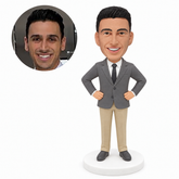 custom bobblehead figure man in a business suit with both hands on his hips
