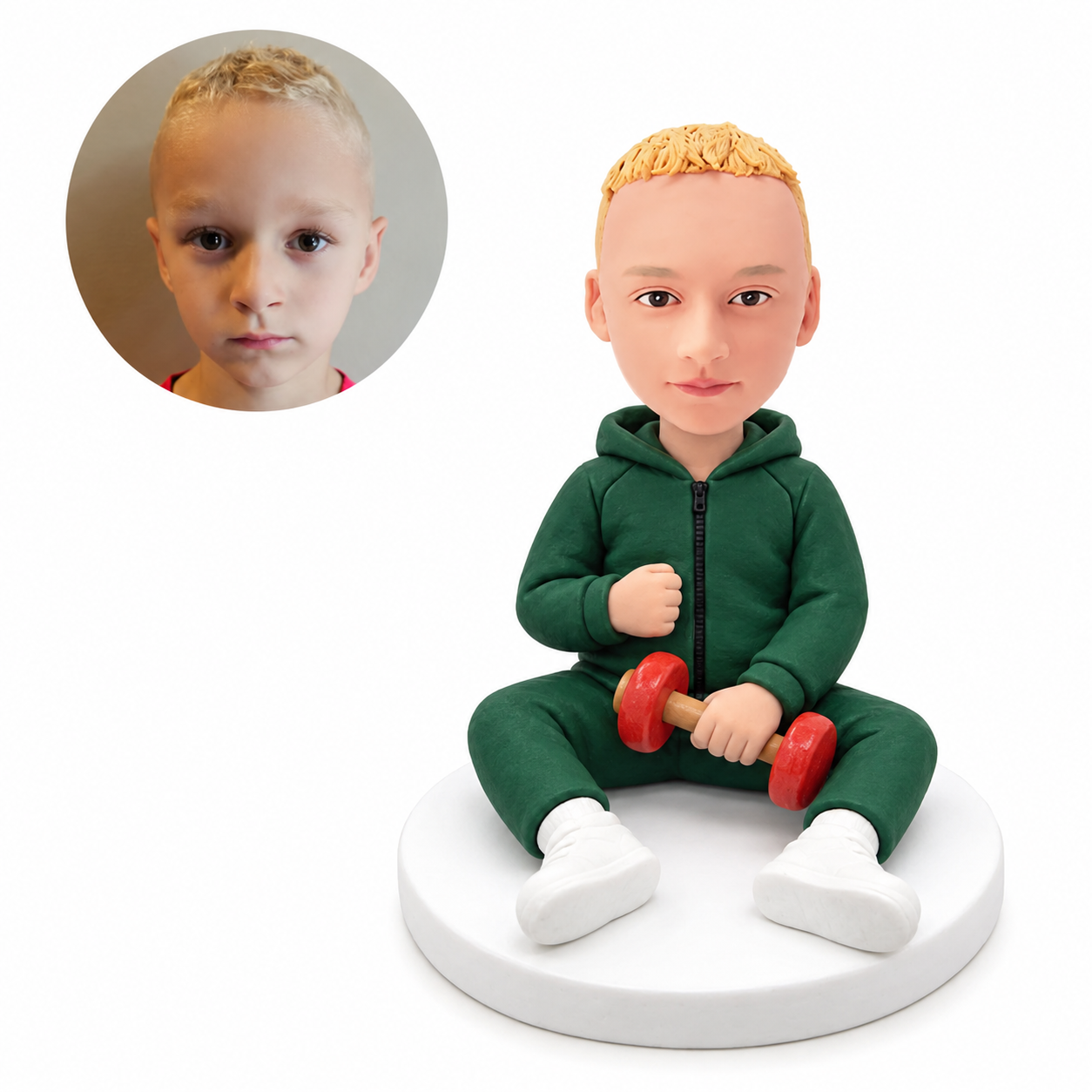 custom bobblehead figure young boy in a tracksuit sitting and holding a dumbbell