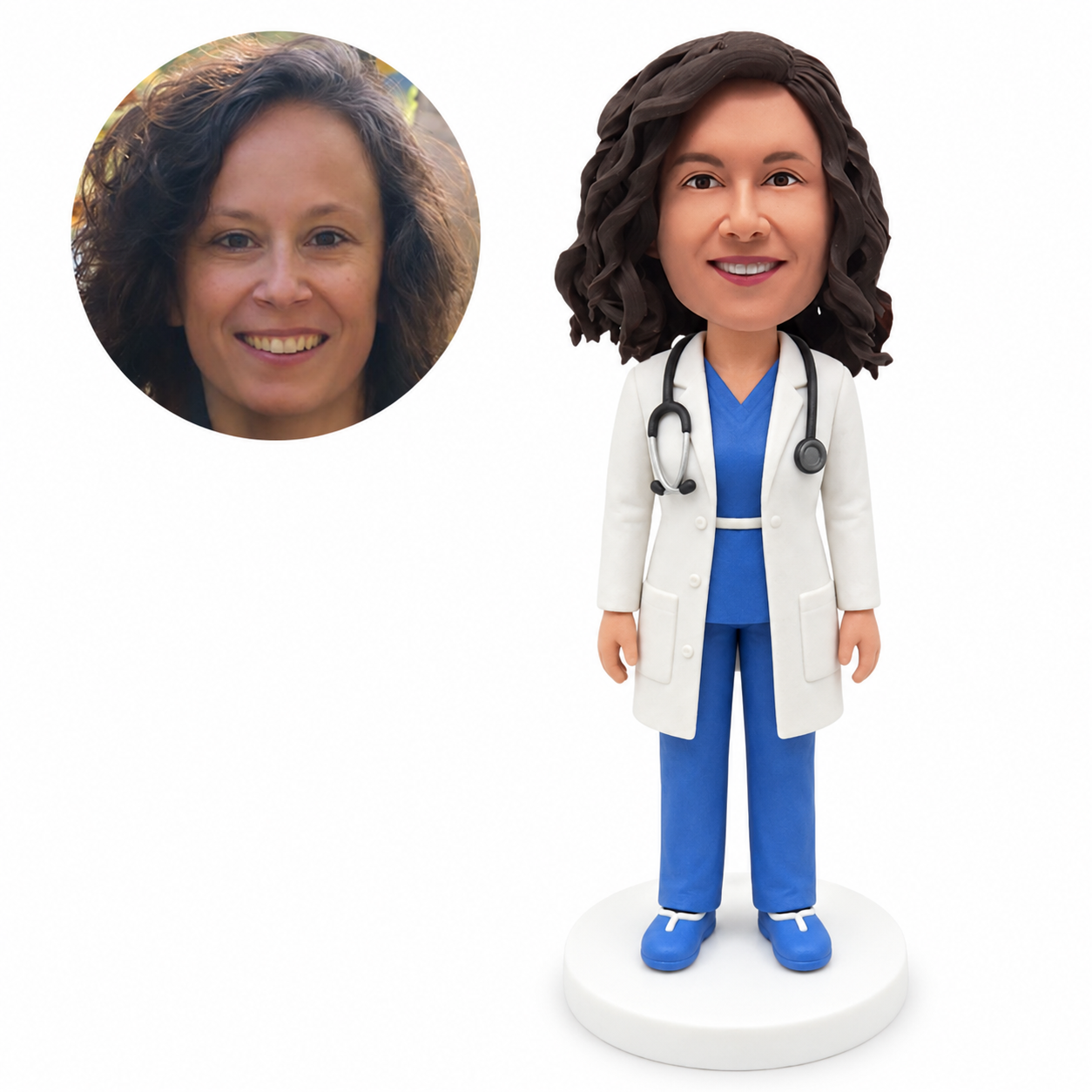 custom bobblehead figure female doctor in a lab coat and trousers with both arms down