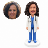 custom bobblehead figure female doctor in a lab coat and trousers with both arms down