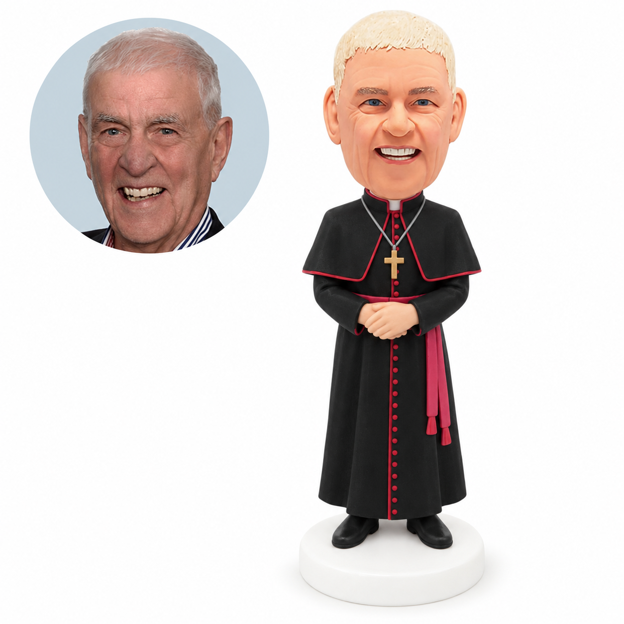 custom bobblehead figure bishop in a cassock and shoulder cape with hands clasped
