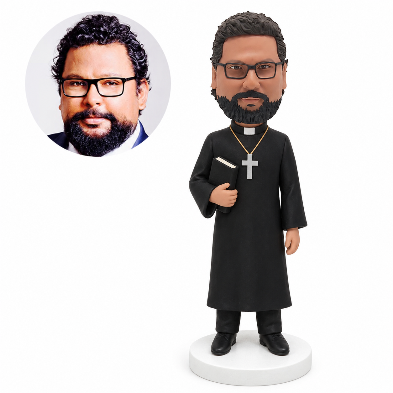 custom bobblehead figure priest in a long robe carrying a closed Bible under one arm