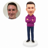 custom bobblehead figure man in a hooded pullover standing with crossed arms