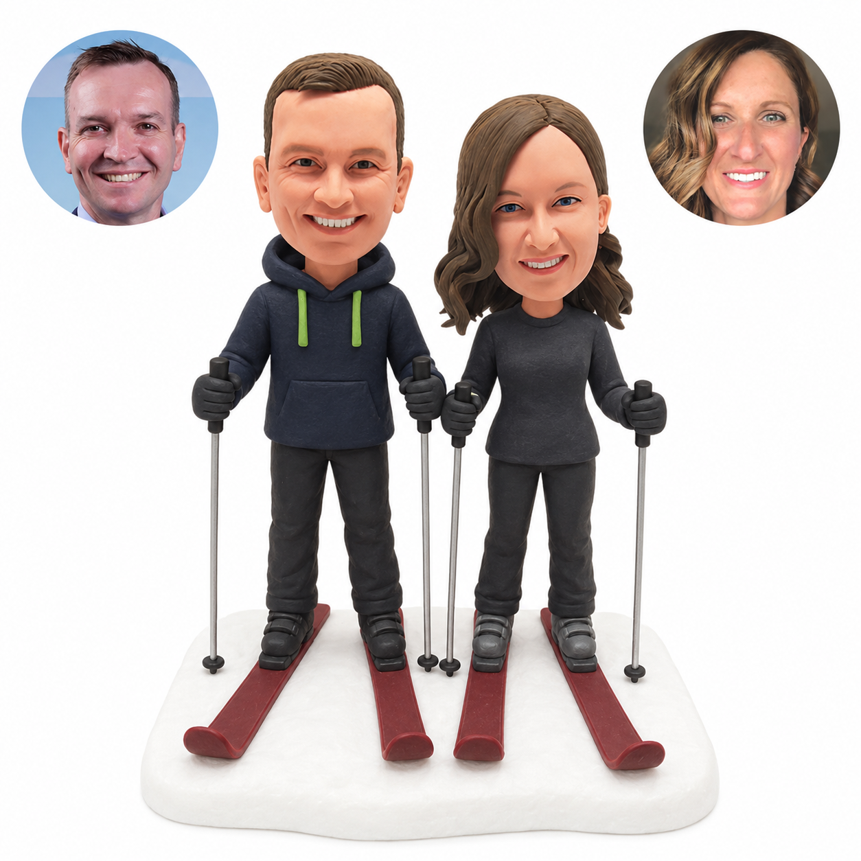 custom bobblehead figures skiing couple in pullovers each holding two ski poles