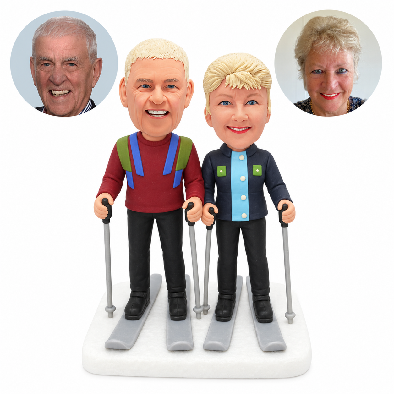 custom bobblehead figures skiing couple in a panelled pullover and button front jacket