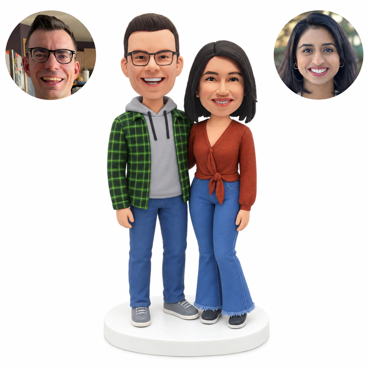 custom bobblehead figures casual couple in an overshirt and tied blouse with flared jeans
