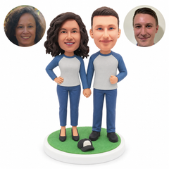 custom bobblehead figures sporty couple in raglan sleeve tops holding hands
