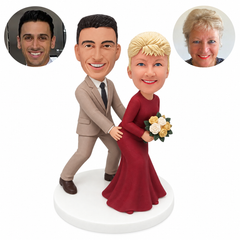 custom bobblehead figures playful formal couple with a woman leaning forward holding flowers
