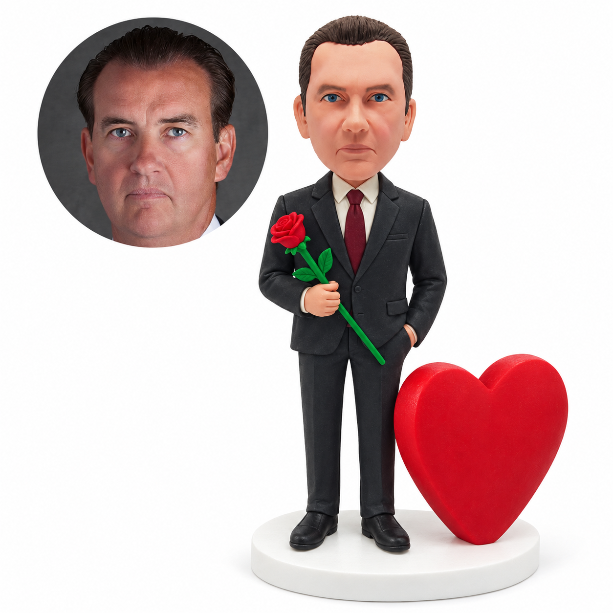 custom bobblehead figure man in a suit holding a rose beside a large heart