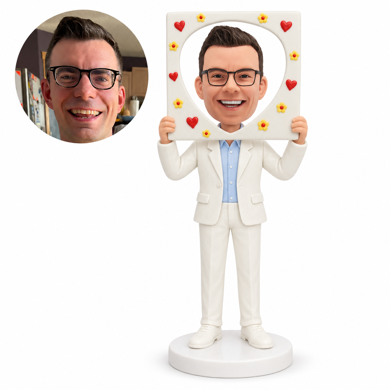 custom bobblehead figure man in a suit holding a heart cutout frame