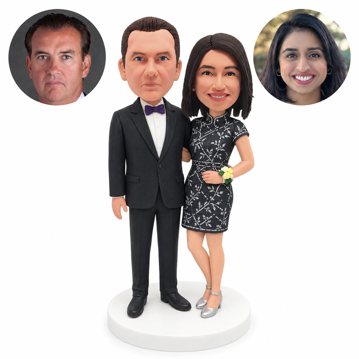 custom bobblehead figures formal couple with a woman in a cap sleeve cheongsam