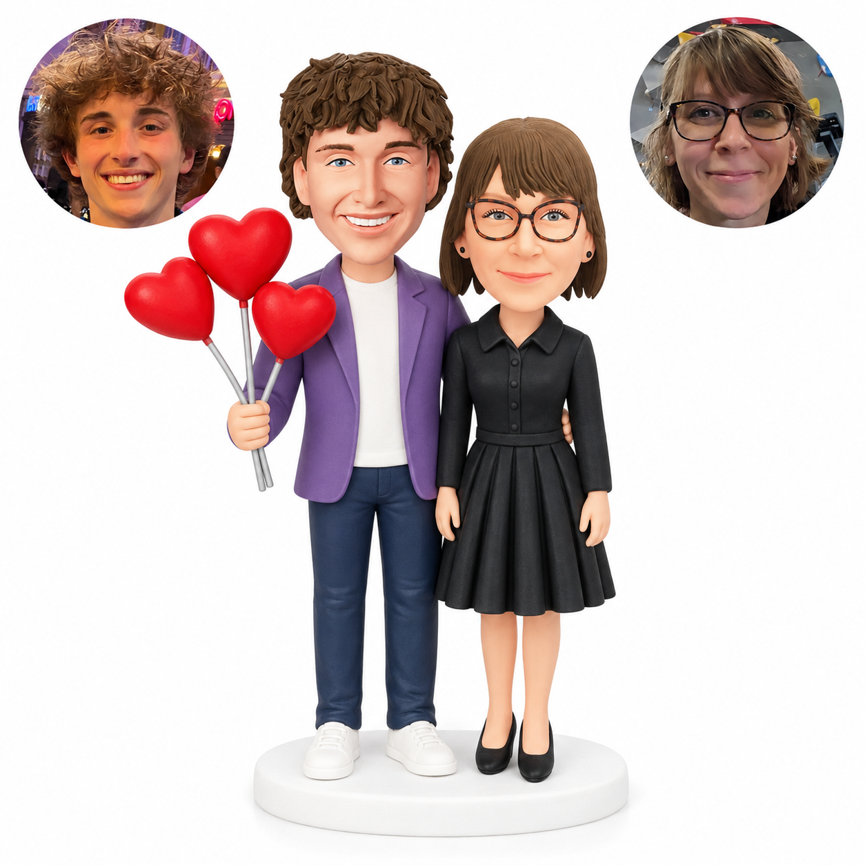 custom bobblehead figures couple with a man holding three heart balloons