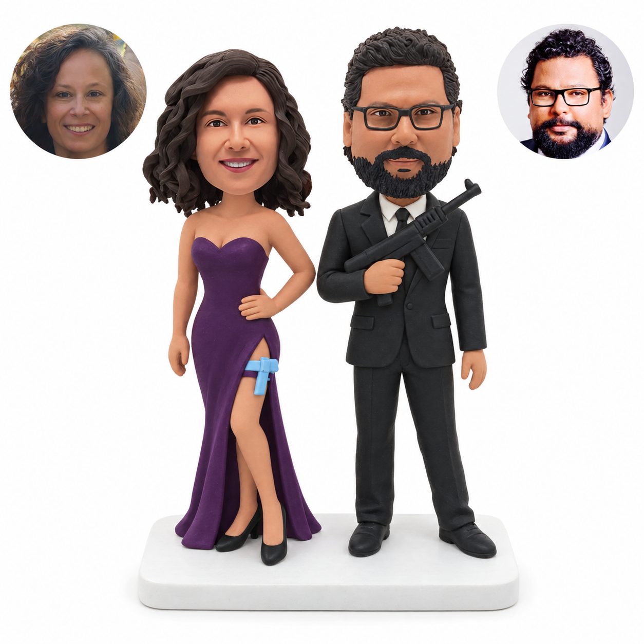 custom bobblehead figures formal couple with miniature movie props