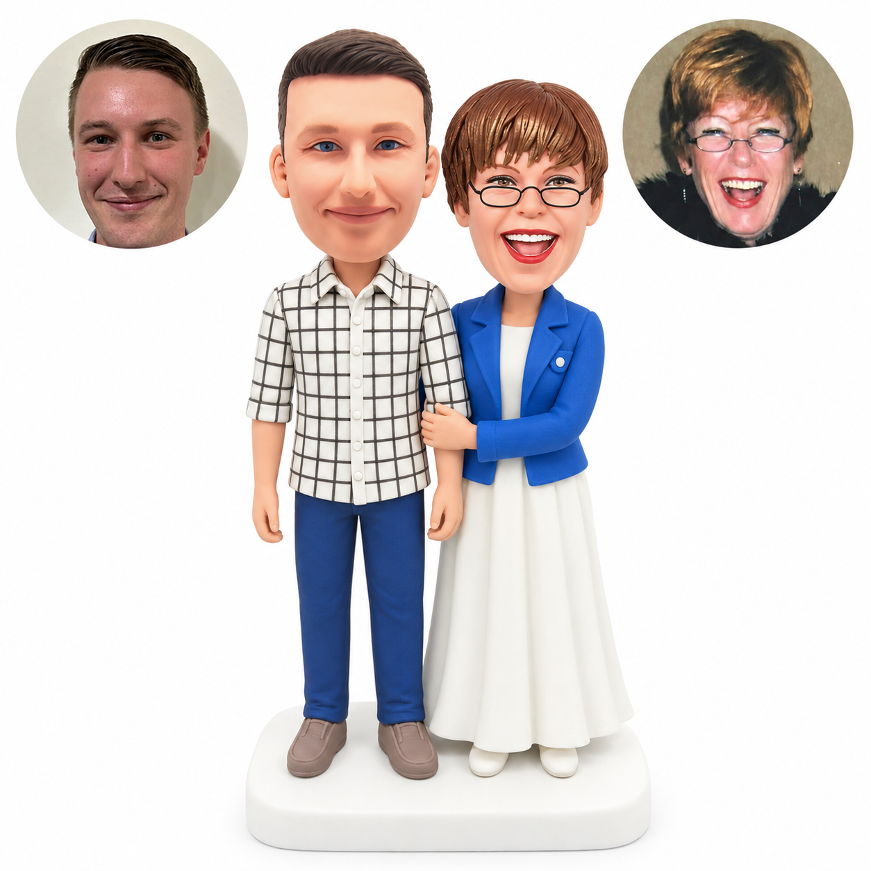 custom bobblehead figures couple with a woman in a cropped jacket and long skirt