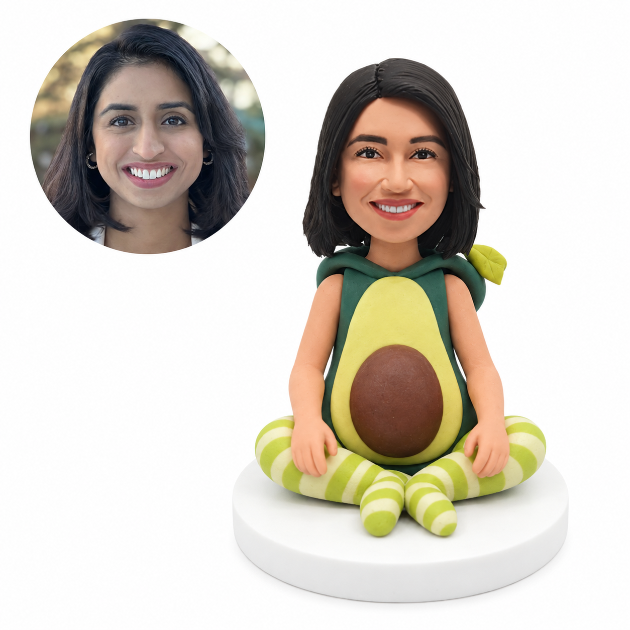custom bobblehead figure woman sitting cross legged in an avocado costume