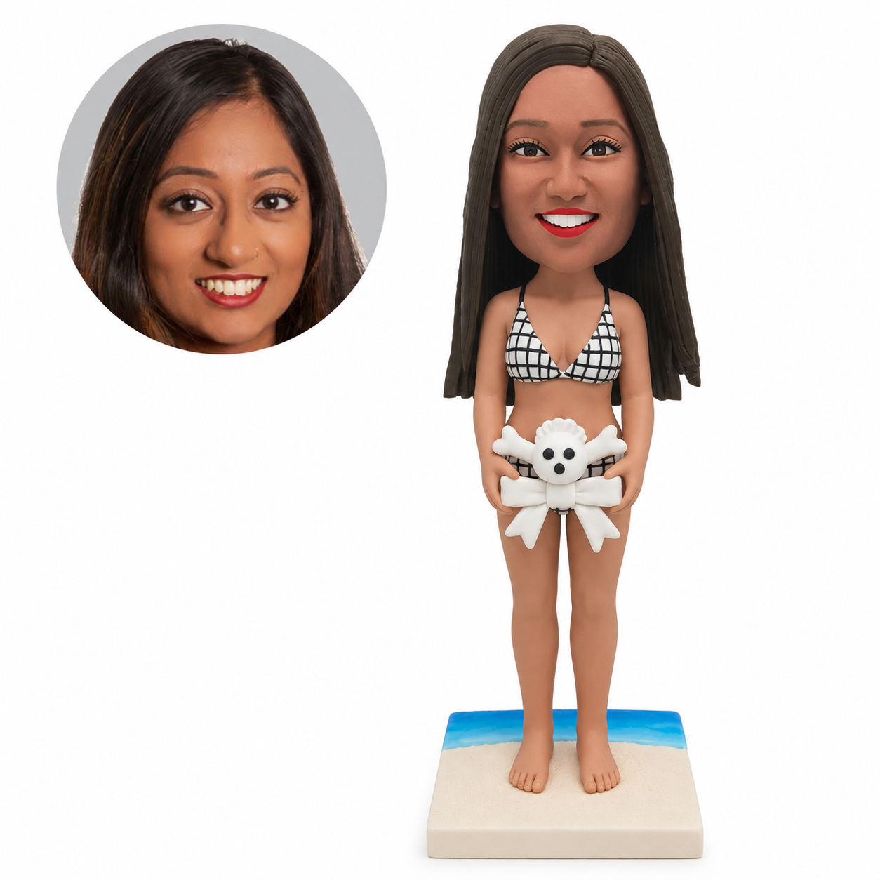custom bobblehead figure woman in a checked swimsuit holding a skull and bow decoration