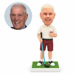 custom bobblehead figure older golfer in shorts holding a drink and a golf club