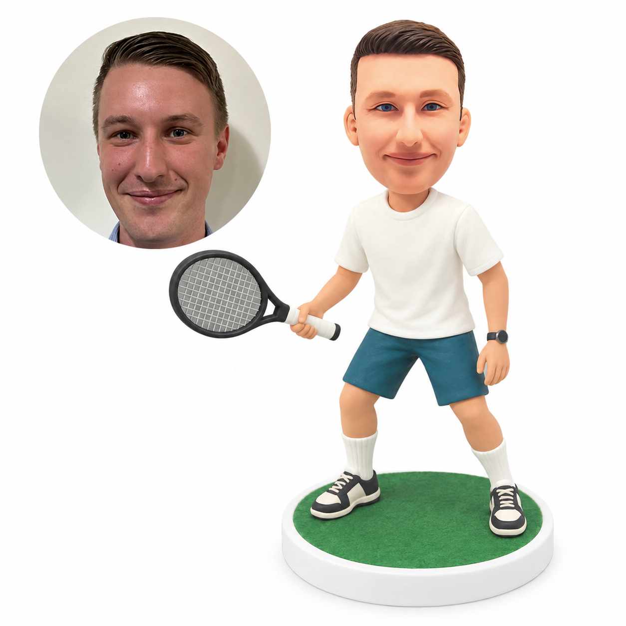 custom bobblehead figure tennis player in a wide forehand-ready stance holding a racket