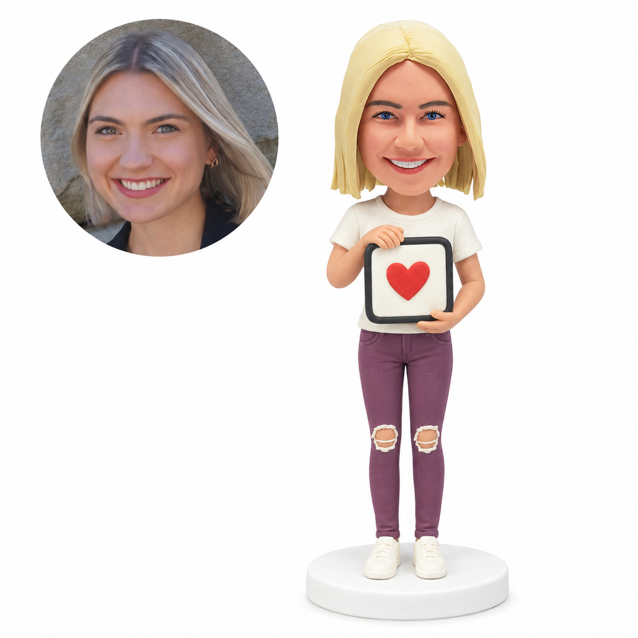 custom bobblehead figure woman in a T-shirt and ripped jeans holding a framed heart sign