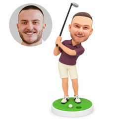 custom bobblehead figure golfer in shorts leaning sideways with a raised club