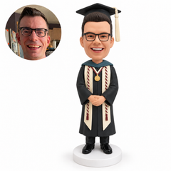 custom bobblehead figure male graduate with honor cords and a medal folding his hands