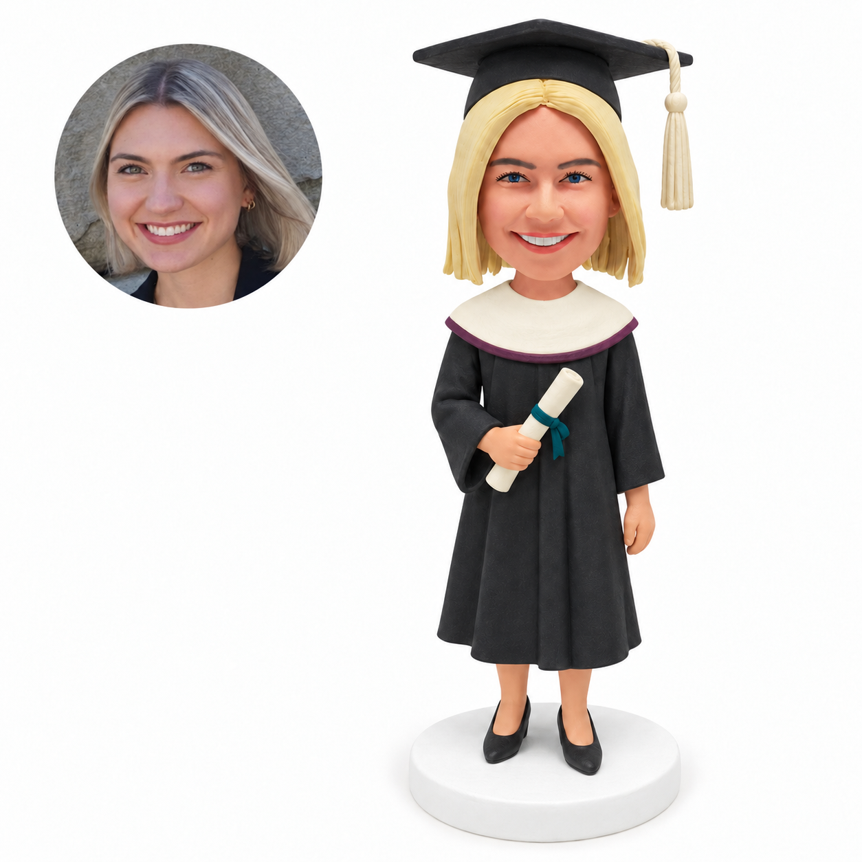 custom bobblehead figure female graduate with a round academic cape holding a diploma in one hand