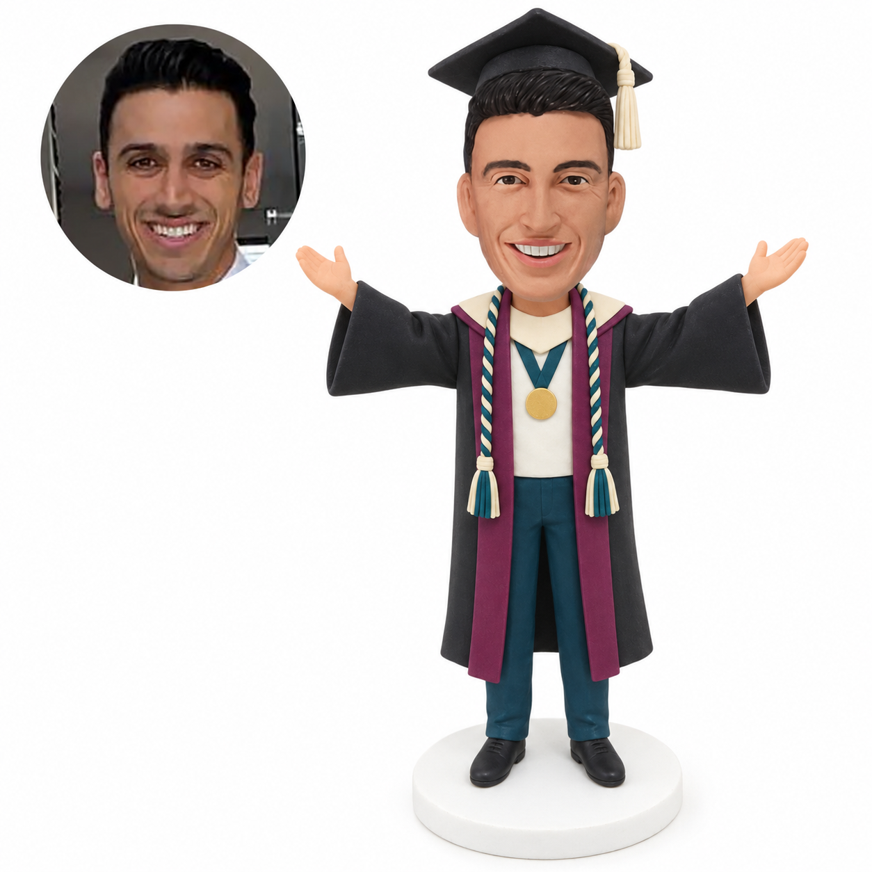 custom bobblehead figure male graduate with honor cords and a medal raising both arms