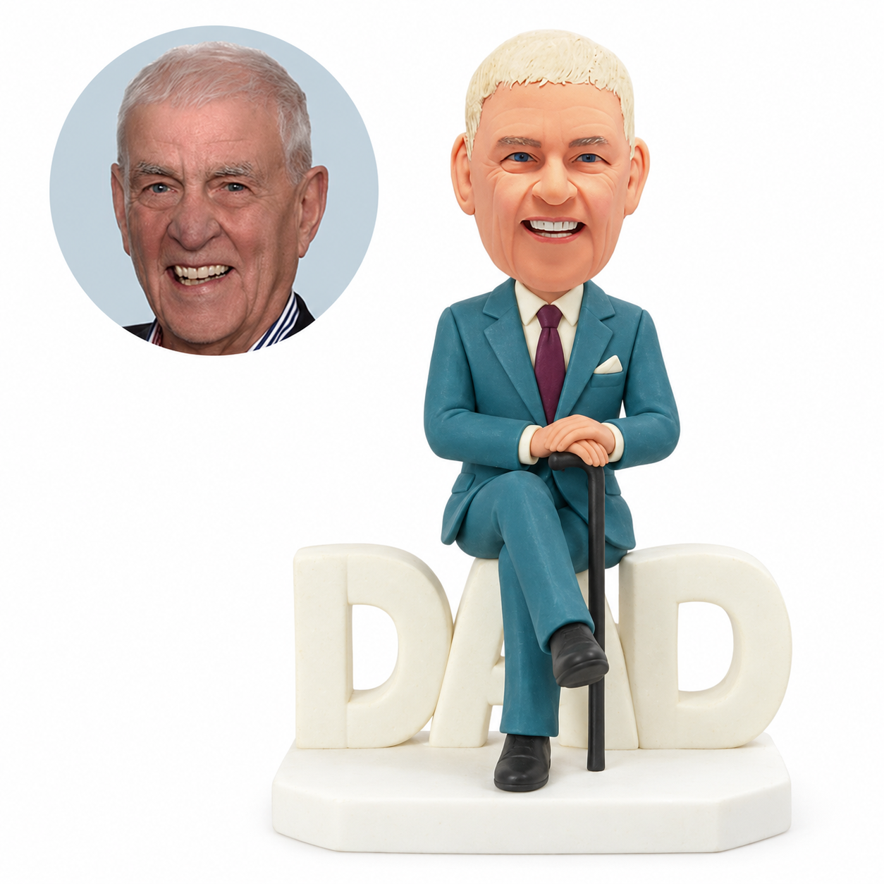 custom bobblehead figure man in a suit seated on DAD letters with a cane