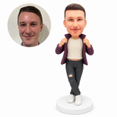 custom bobblehead figure man opening a jacket over a cropped T-shirt with crossed ankles