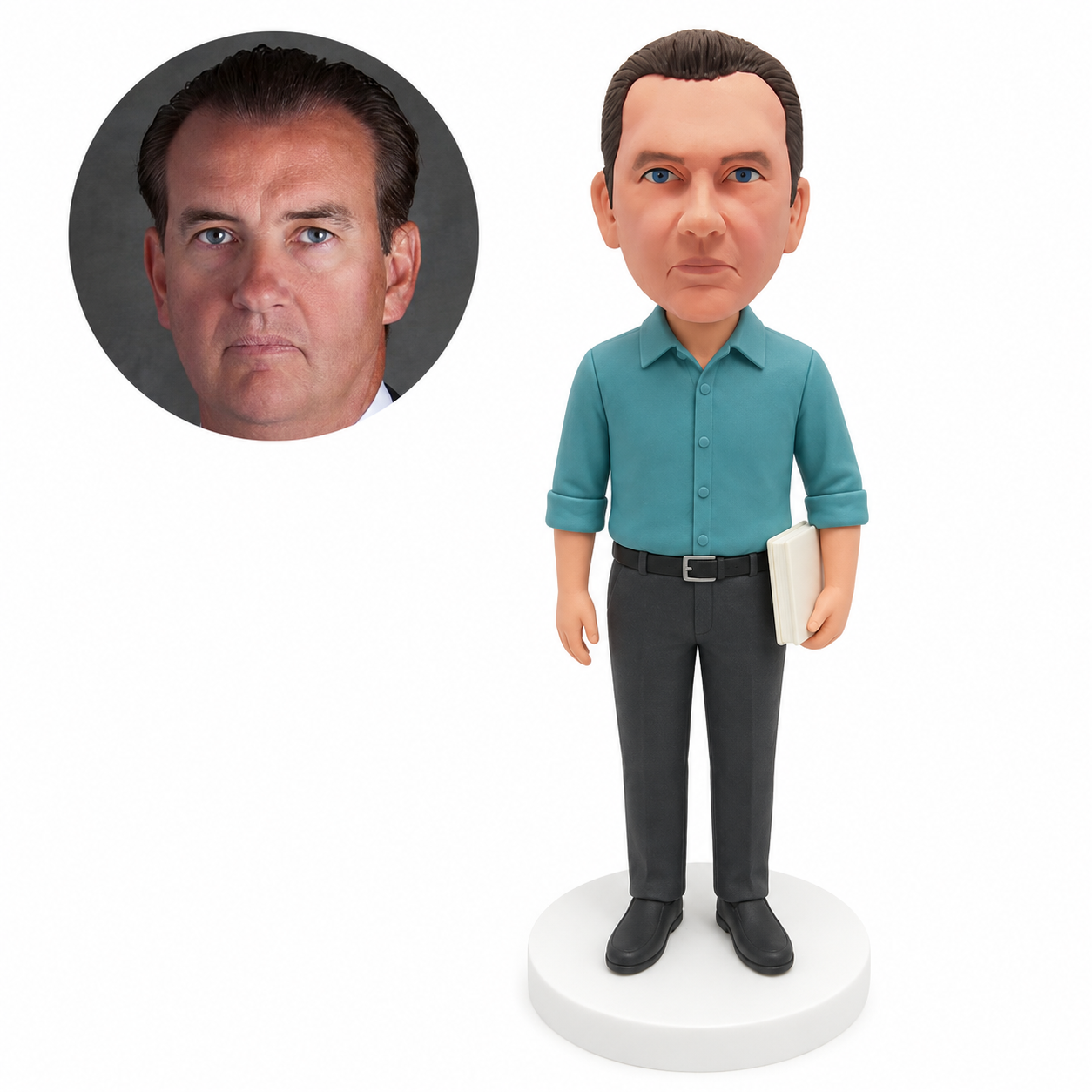 custom bobblehead figure male teacher in a rolled-sleeve shirt holding a book at his side