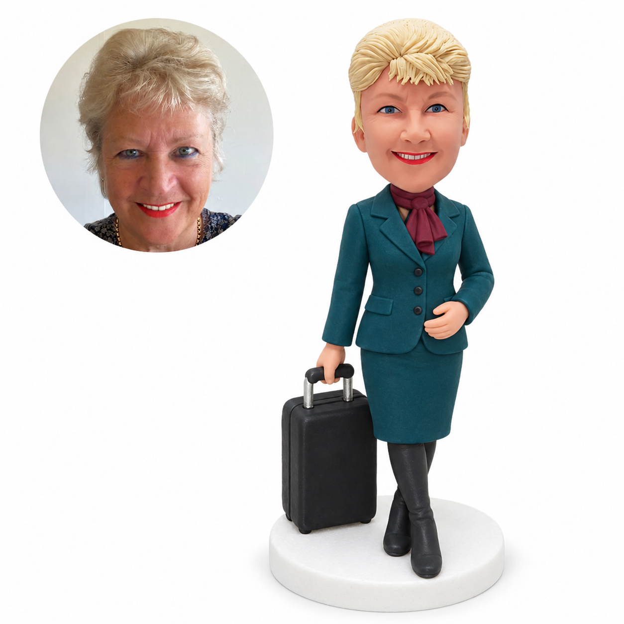 custom bobblehead figure female flight attendant in a skirt suit and knee-high boots holding a suitcase