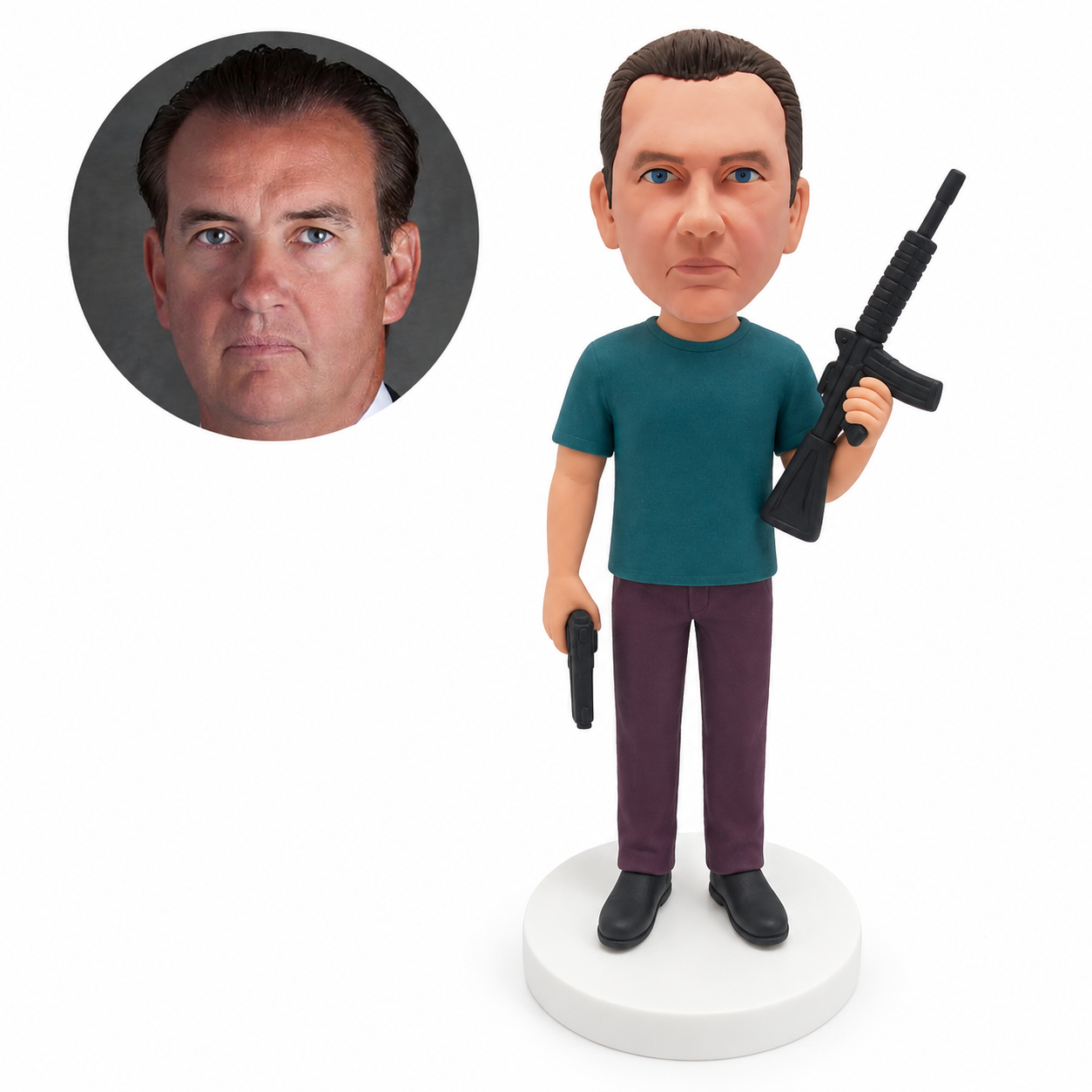 custom bobblehead figure man holding a rifle model and a pistol model