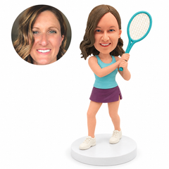 custom bobblehead figure female tennis player holding a racket high beside her shoulder with both hands