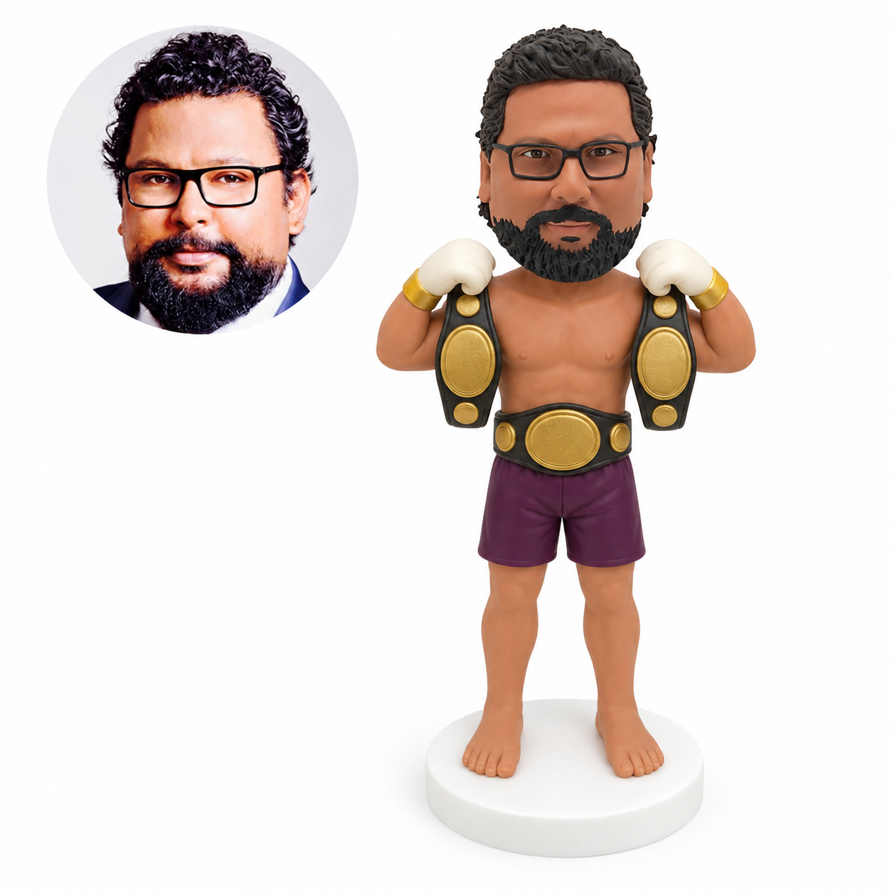 custom bobblehead figure male boxing champion holding two shoulder belts and wearing a waist belt