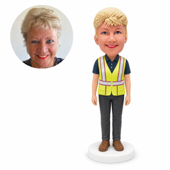 custom bobblehead figure female worker in a safety vest with both arms at her sides