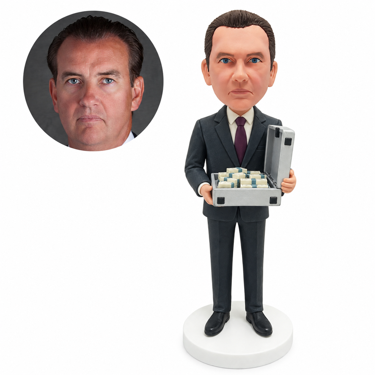 custom bobblehead figure businessman holding an open case of money