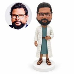 custom bobblehead figure man in an open long robe with one hand on the front