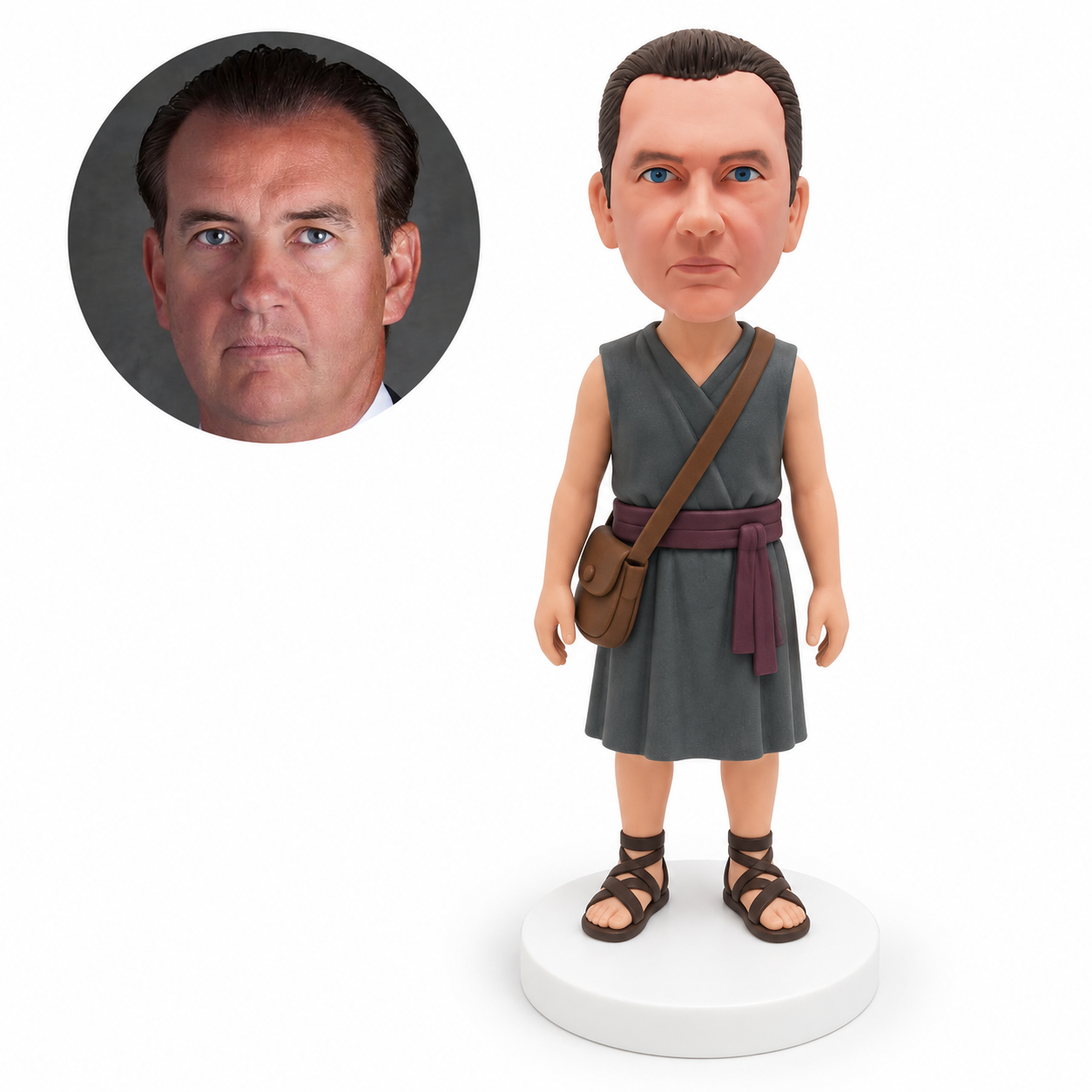 custom bobblehead figure man in a sleeveless tunic and satchel with arms at his sides