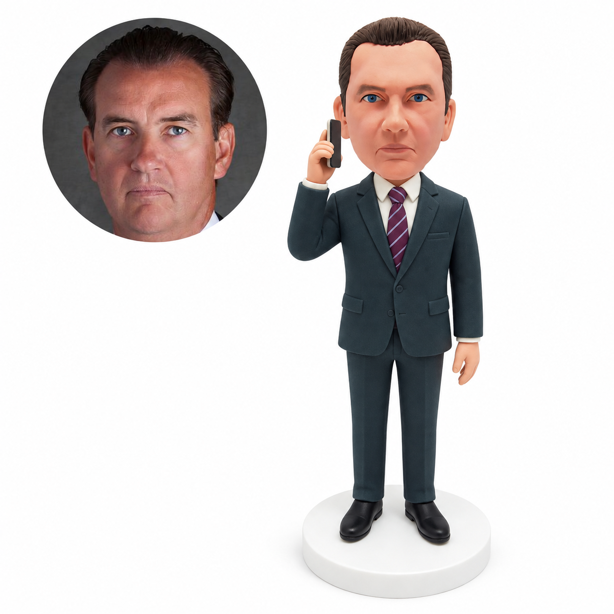 custom bobblehead figure businessman holding a phone beside his head with his other arm down