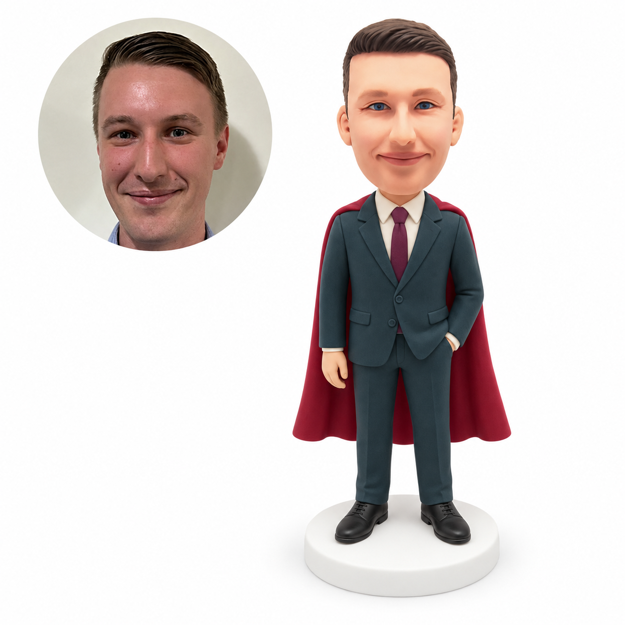 custom bobblehead figure businessman in a suit and cape with one hand in a pocket