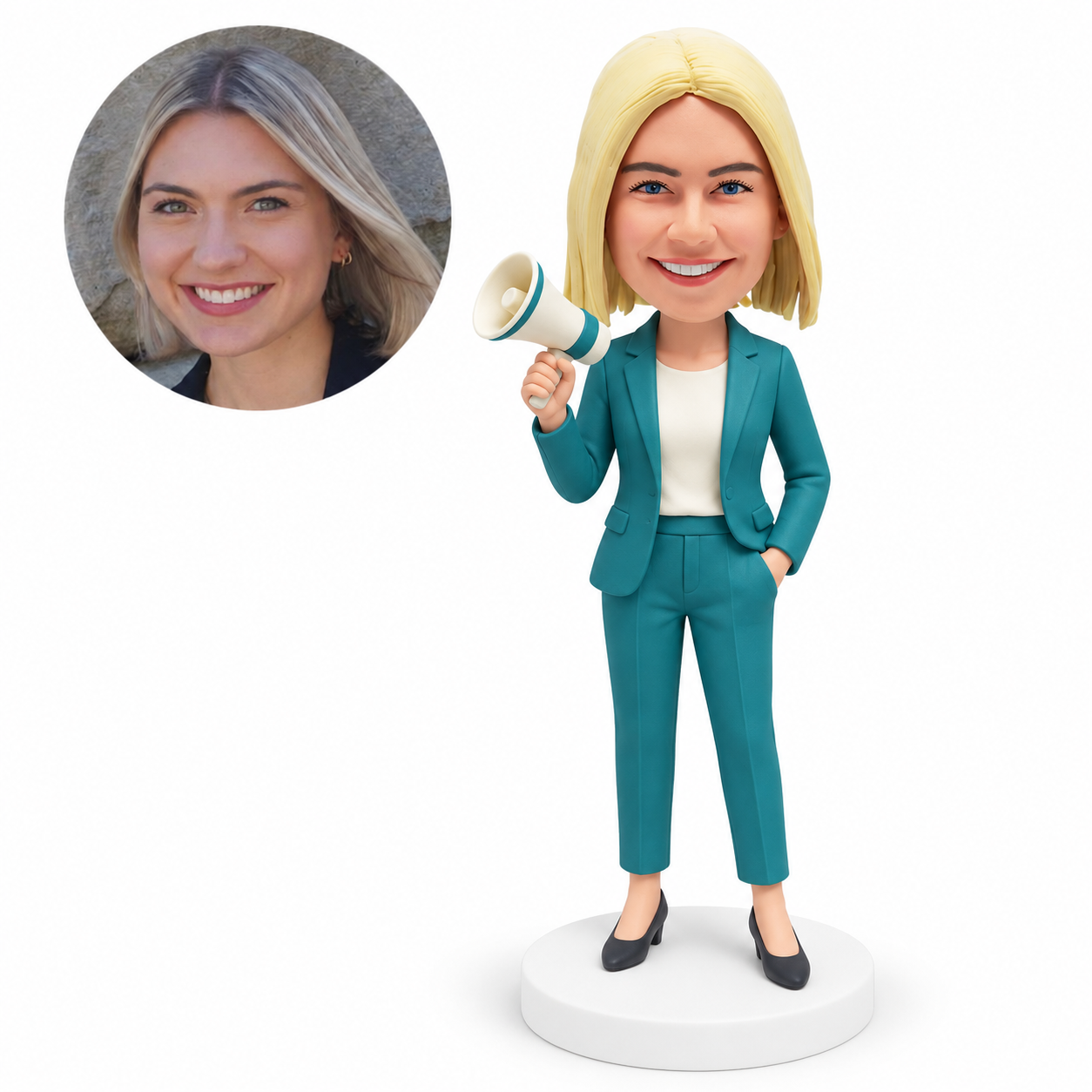 custom bobblehead figure businesswoman holding a megaphone with one hand in a pocket